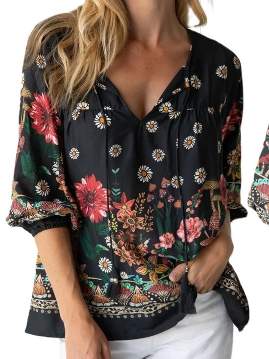 NATURAL LIFE Tops - Natural Life Mushroom Maribel Top M Balloon Sleeve Keyhole Black Boho Hippie